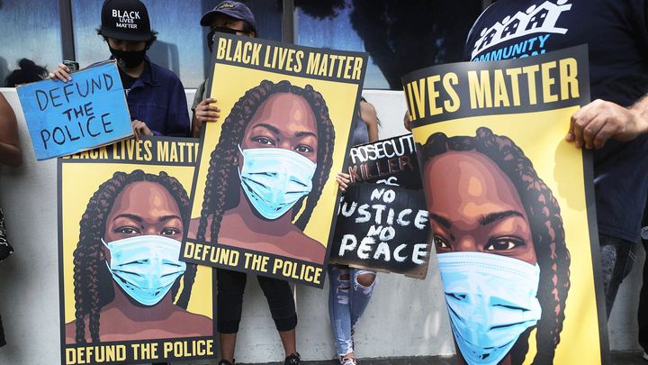 Black Lives Matter-Los Angeles supporters protest outside the Unified School District headquarters calling on the board of ed