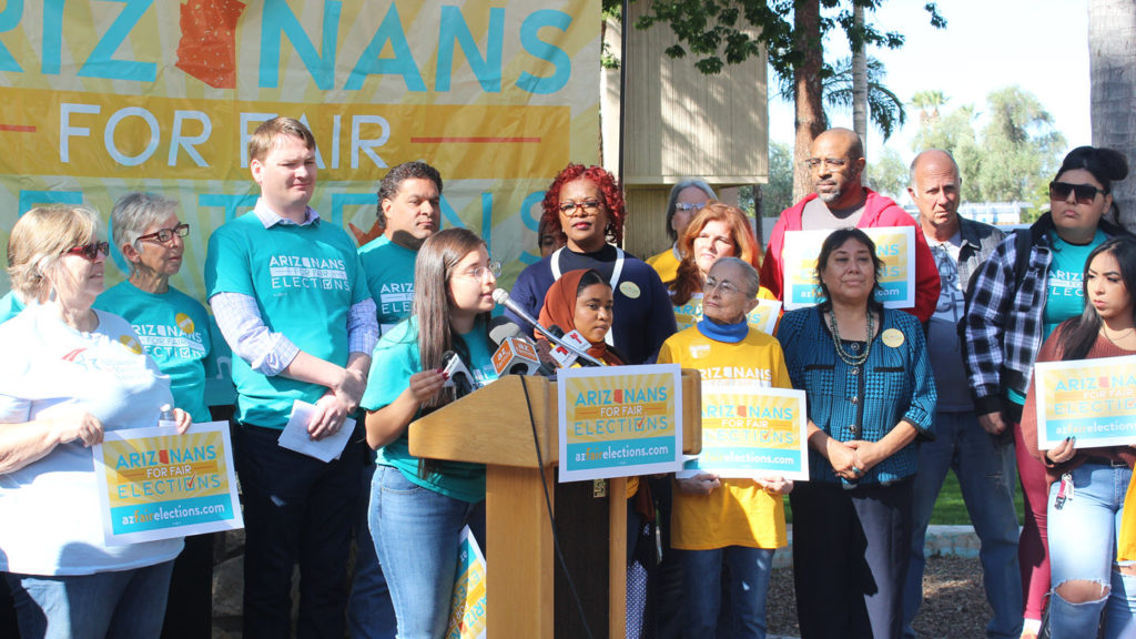 Arizonans for Fair Elections organizers hold a news conference in Phoenix on Oct. 30, 2019.