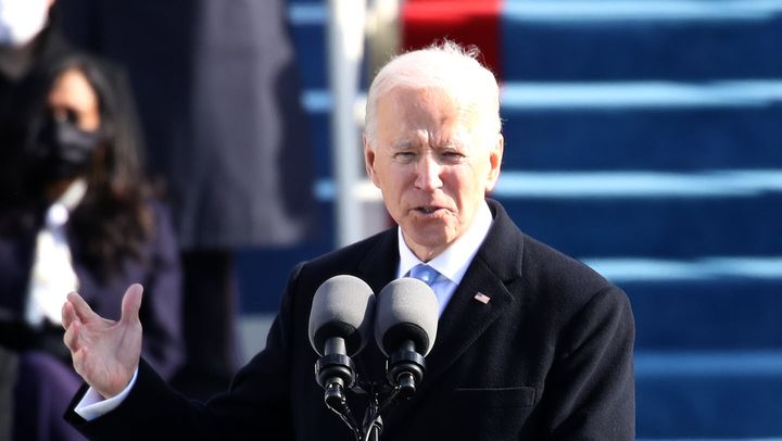 U.S. President Joe Biden delivers his inaugural address on the West Front of the U.S. Capitol on January 20, 2021 in Washingt