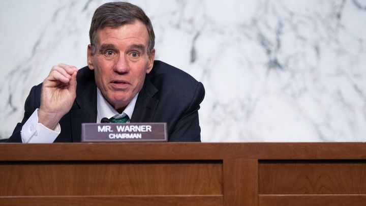 Sen. Mark Warner (D-Va.) speaks at a Senate Select Committee on Intelligence hearing on Capitol Hill on April 14, 2021 in Was